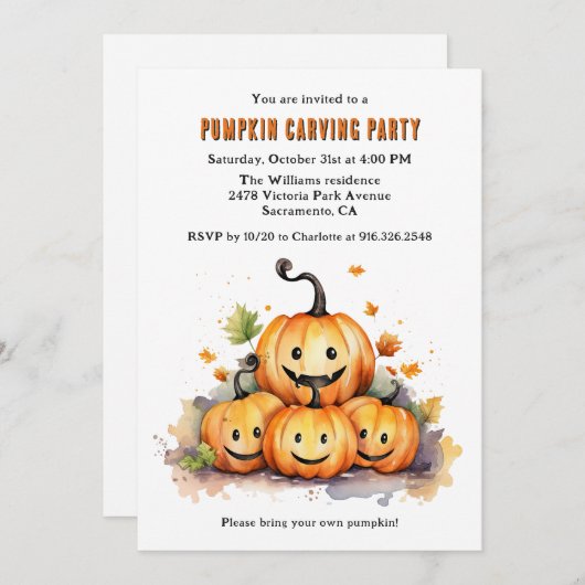Schattigee Waterverf Halloween Pompoen Carving Par Kaart (Voorkant / Achterkant)