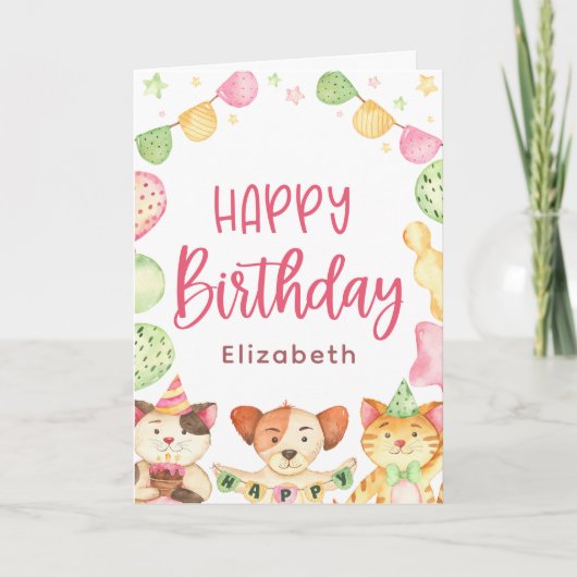 Schattigee Waterverf Happy Birthday Animal Party K Kaart (Voorkant)