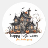 Schattigee Waterverf Haunted House gepersonaliseer Ronde Sticker (Voorkant)