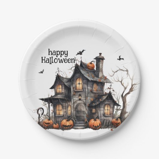 Schattigee Waterverf Haunted House Halloween Papieren Bordje (Voorkant)