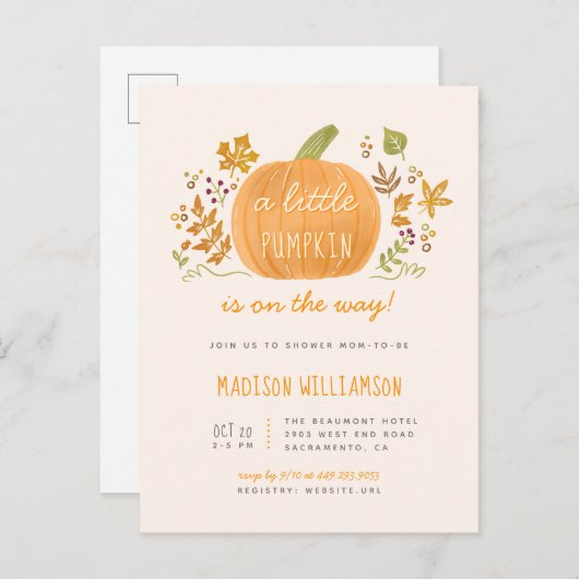 Schattigee Waterverf Herfst Little Pumpkin Baby sh Uitnodiging Briefkaart (Voorkant / Achterkant)