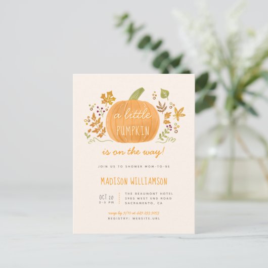 Schattigee Waterverf Herfst Little Pumpkin Baby sh Uitnodiging Briefkaart (Staand voorkant)