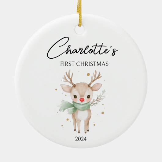 Schattigee Waterverf Herten Custom Baby Eerste Ker Keramisch Ornament (Achterkant)