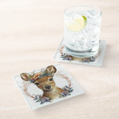 SCHATTIGEE WATERVERF HERTEN MET BLOEMKRANS GLAZEN ONDERZETTER (Schuin)