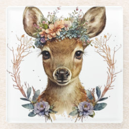 SCHATTIGEE WATERVERF HERTEN MET BLOEMKRANS GLAZEN ONDERZETTER