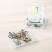 SCHATTIGEE WATERVERF HERTEN MET BLOEMKRANS GLAZEN ONDERZETTER (Schuin)