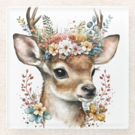 SCHATTIGEE WATERVERF HERTEN MET BLOEMKRANS GLAZEN ONDERZETTER