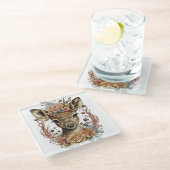 SCHATTIGEE WATERVERF HERTEN MET BLOEMKRANS GLAZEN ONDERZETTER (Schuin)