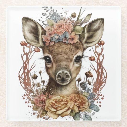 SCHATTIGEE WATERVERF HERTEN MET BLOEMKRANS GLAZEN ONDERZETTER (Voorkant)