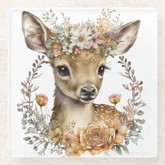 SCHATTIGEE WATERVERF HERTEN MET BLOEMKRANS GLAZEN ONDERZETTER (Voorkant)