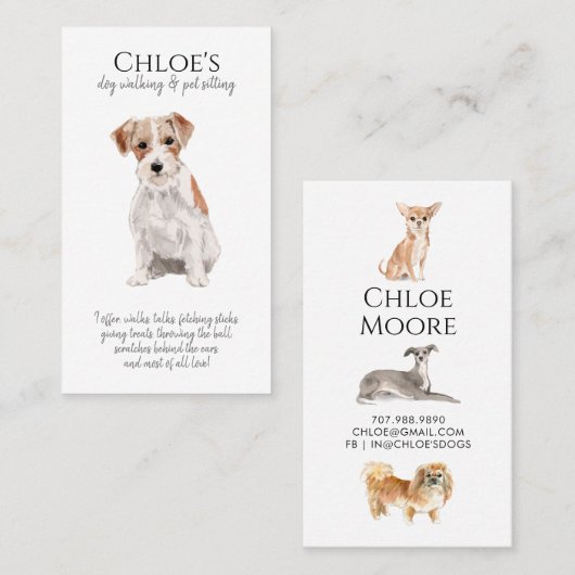 Schattigee Waterverf Hond Pet Sitter Dog Walker Visitekaartje (Voorkant / Achterkant)