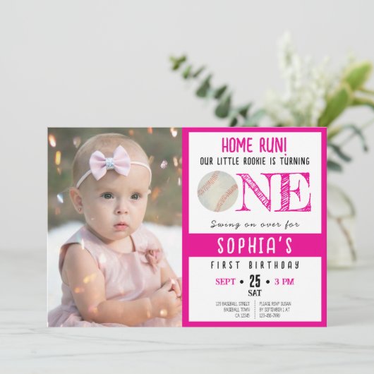 Schattigee Waterverf Honkbal Foto Meisje 1e Verjaa Kaart (Staand voorkant)