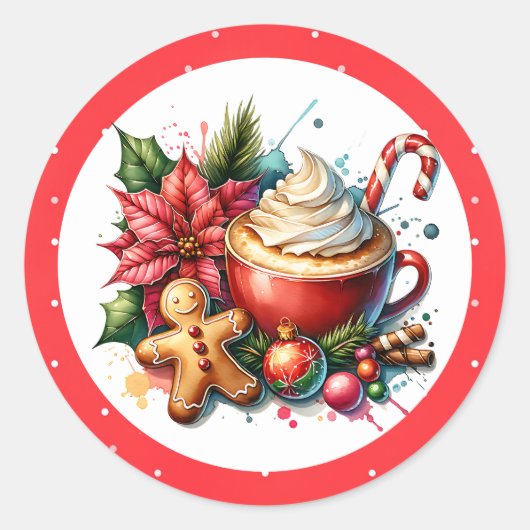 Schattigee Waterverf Hot Cocoa, Candy Canes en Coo Ronde Sticker (Voorkant)