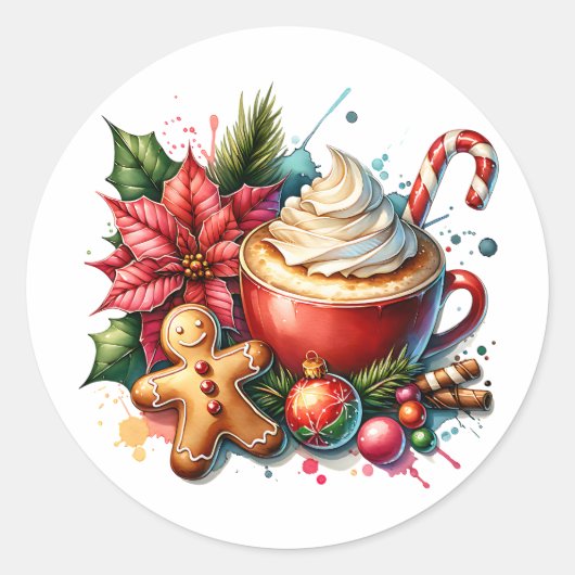 Schattigee Waterverf Hot Cocoa, Candy Canes en Coo Ronde Sticker (Voorkant)