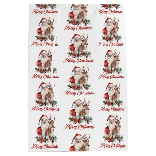 Schattigee waterverf illustratie bij Santa rendier Medium Cadeauzakje (Voorkant)