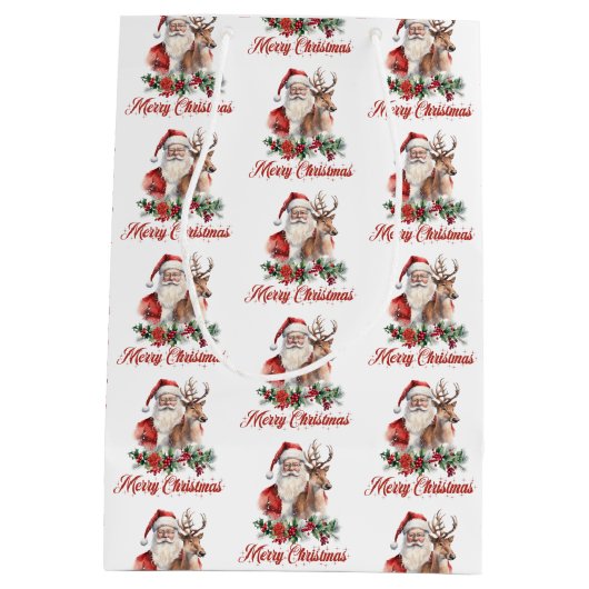 Schattigee waterverf illustratie bij Santa rendier Medium Cadeauzakje (Achterkant)