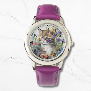 Schattigee Waterverf Kat  Bloemen Girly Horloge