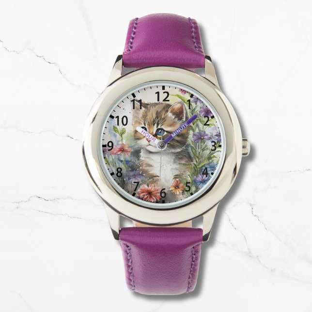 Schattigee Waterverf Kat  Bloemen Girly Horloge (Creator heeft geüpload)