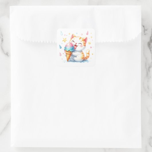 Schattigee Waterverf Kat Eten IJs Whimsical Vierkante Sticker (Tas)