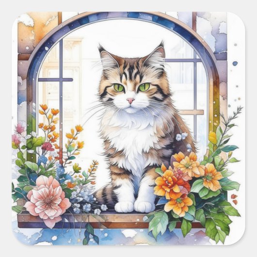 Schattigee Waterverf Kat in Bloemenvenster Vierkante Sticker (Voorkant)