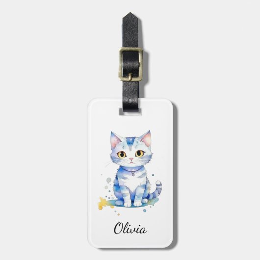 Schattigee waterverf kat (kitten) ontwerp bagagelabel (Voorkant verticaal)