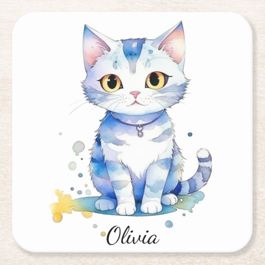 Schattigee waterverf kat (kitten) ontwerp kartonnen onderzetters (Voorkant)
