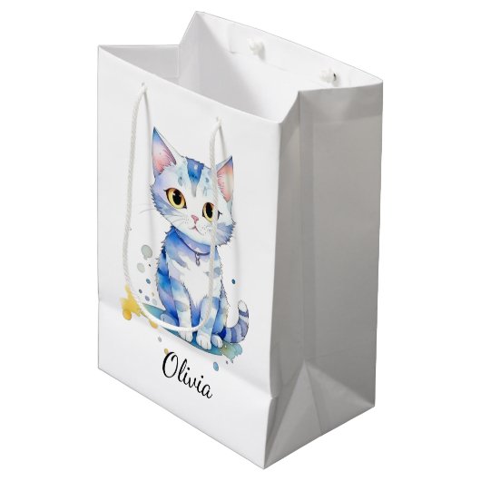 Schattigee waterverf kat (kitten) ontwerp medium cadeauzakje (Voorkant Gekanteld)