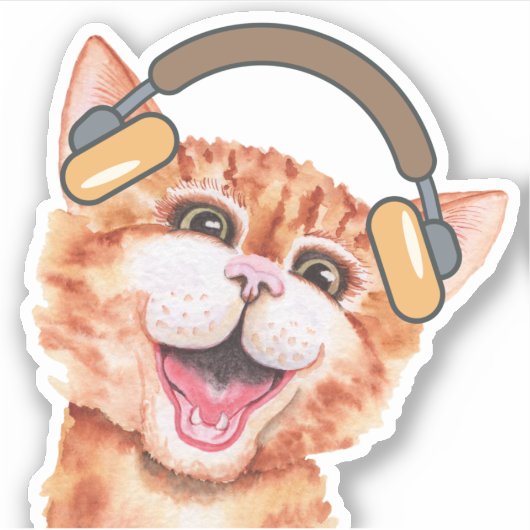 Schattigee Waterverf Kat Luisteren naar Muziek Sticker (Voorkant)