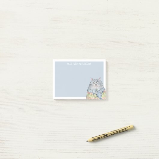 Schattigee Waterverf Kat met Aangepaste Naam Post-it® Notes (Op bureau)