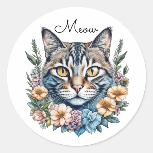 Schattigee Waterverf Kat met Bloemen Ronde Sticker (Voorkant)