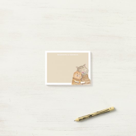 Schattigee Waterverf Kat Paar Aangepaste Naam Post-it® Notes (Op bureau)