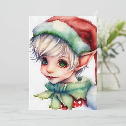 Schattigee Waterverf Kerst Elf in een kerstmuts Feestdagenkaart (Staand voorkant)
