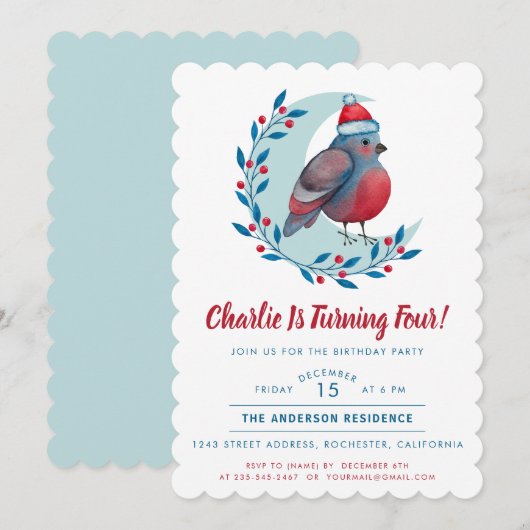 Schattigee Waterverf Kerst Vogel Kind Verjaardagsf Kaart (Voorkant / Achterkant)