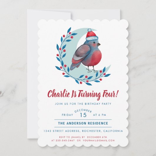 Schattigee Waterverf Kerst Vogel Kind Verjaardagsf Kaart (Voorkant)