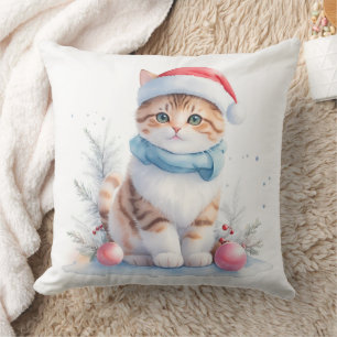 Schattigee Waterverf Kerstman Kat Kussen