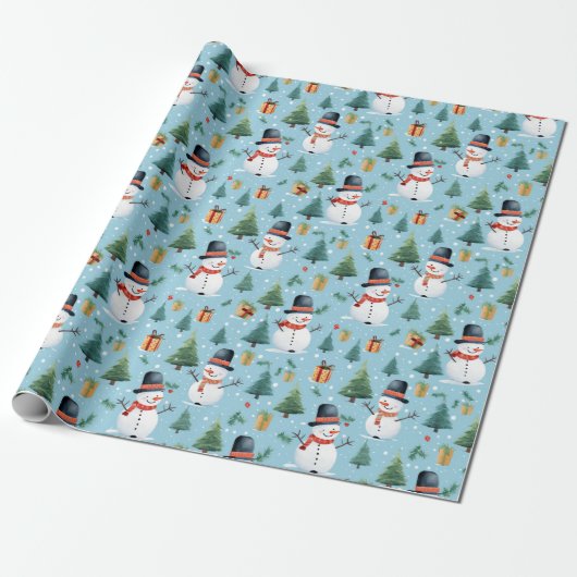 Schattigee Waterverf Kerstmis Sneeuwman Cadeaupapier (Uitgerold)
