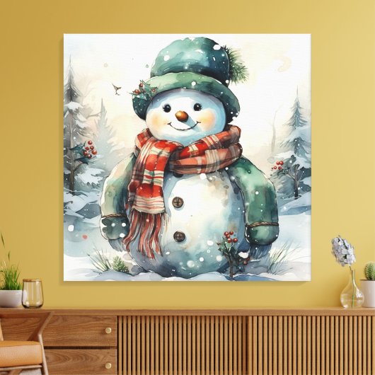 Schattigee Waterverf Kerstmis Sneeuwman Canvas Afdruk (Insitu (Woonkamer))