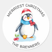 Schattigee Waterverf kerstpinguïn gepersonaliseerd Ronde Sticker (Voorkant)
