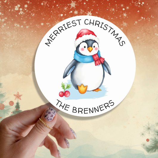 Schattigee Waterverf kerstpinguïn gepersonaliseerd Ronde Sticker