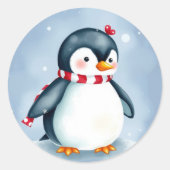 Schattigee Waterverf kerstpinguïn met sjaal Ronde Sticker (Voorkant)