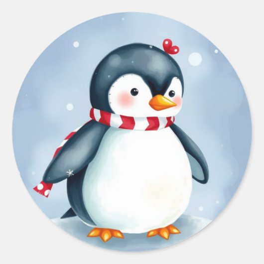 Schattigee Waterverf kerstpinguïn met sjaal Ronde Sticker (Voorkant)