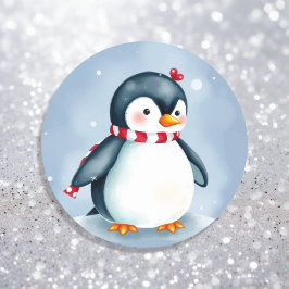 Schattigee Waterverf kerstpinguïn met sjaal Ronde Sticker