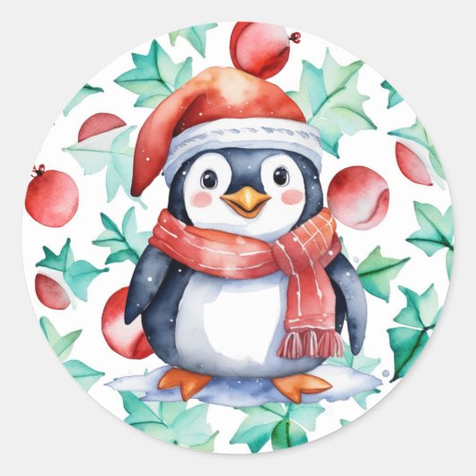 Schattigee Waterverf kerstpinguïn vakantie Ronde Sticker (Voorkant)