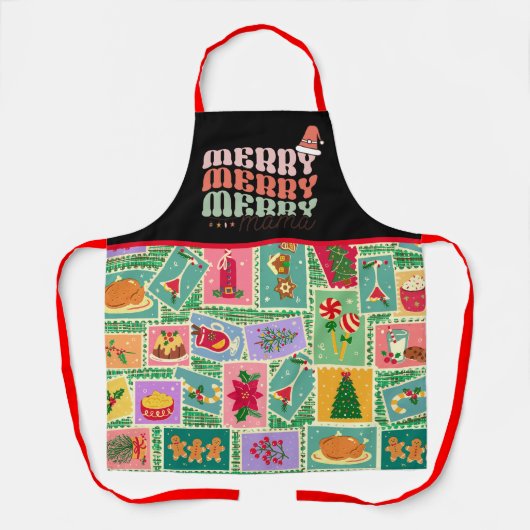 Schattigee waterverf kerststempels Zwart Groen Ret Schort (Voorkant)