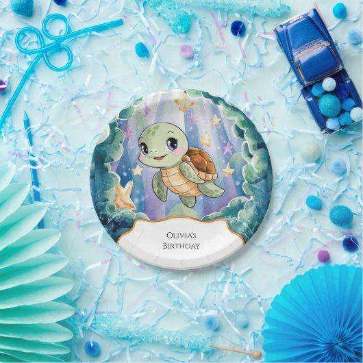 Schattigee Waterverf Kinderschildpad Verjaardag Papieren Bordje (Feest)