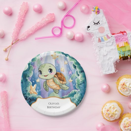 Schattigee Waterverf Kinderschildpad Verjaardag Papieren Bordje (Feest)