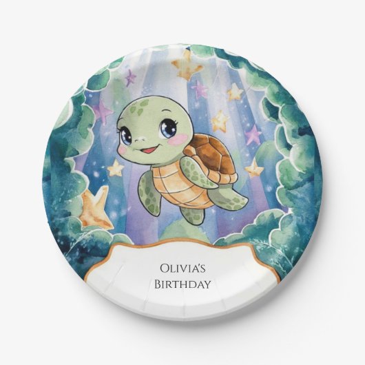 Schattigee Waterverf Kinderschildpad Verjaardag Papieren Bordje (Voorkant)