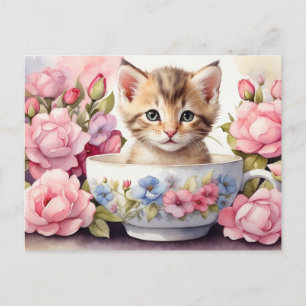 Schattigee Waterverf Kitten in Floral Teacup Briefkaart