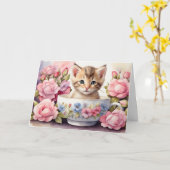 Schattigee Waterverf Kitten in Floral Teacup Kaart (Gele Bloem)