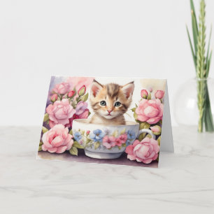 Schattigee Waterverf Kitten in Floral Teacup Kaart